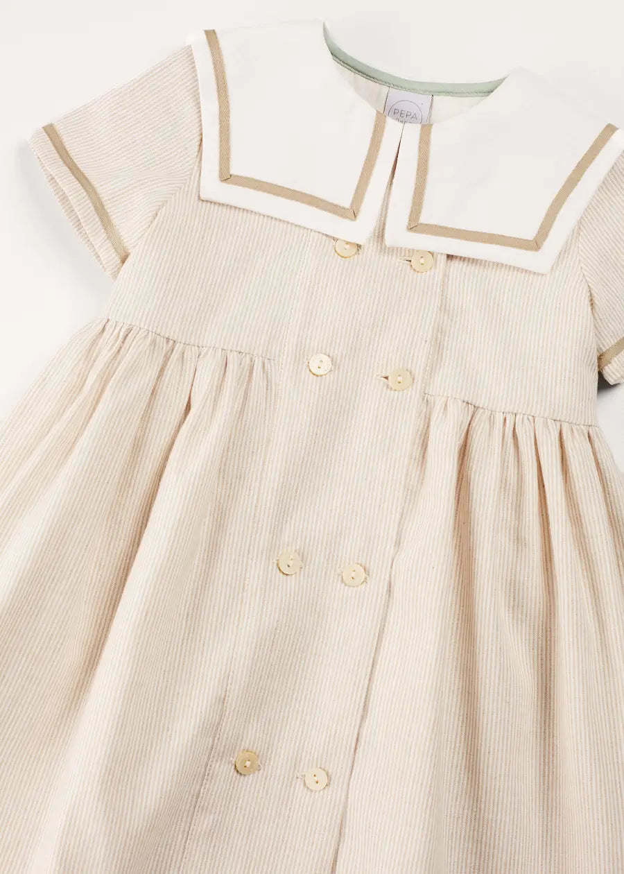 Waterford Striped Mariner Collar Double Breasted Short Sleeve Dress in Beige (12mths-10yrs) DRESSES from Pepa London