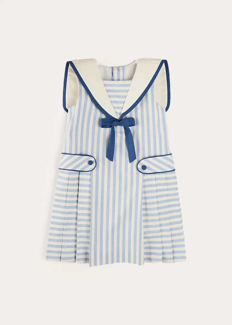 Regency Striped Mariner Collar Pleated Sleeveless Dress in Blue (2-10yrs) DRESSES from Pepa London