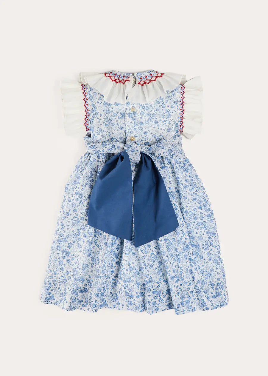 Charlotte Floral Hand Smocked Sleeveless Dress in Blue (12mths-10yrs) DRESSES from Pepa London
