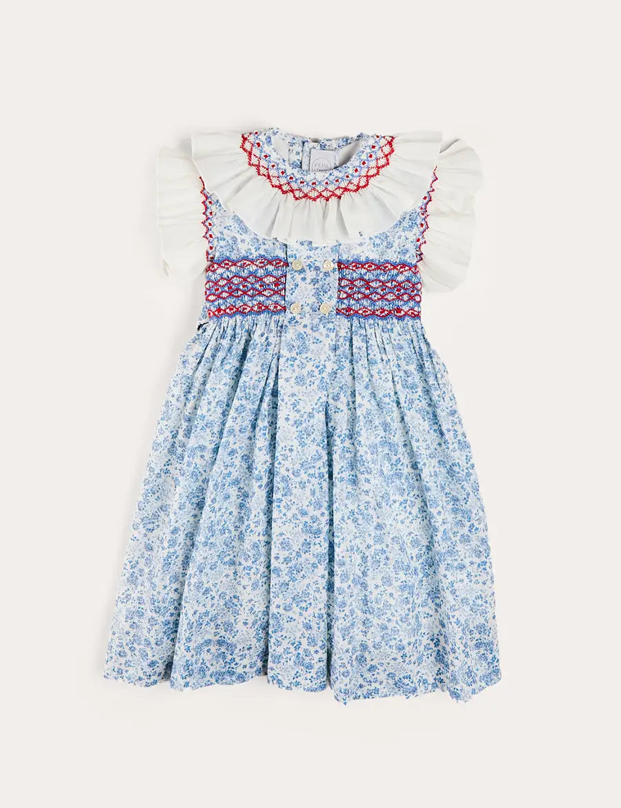 Charlotte Floral Hand Smocked Sleeveless Dress in Blue (12mths-10yrs) DRESSES from Pepa London