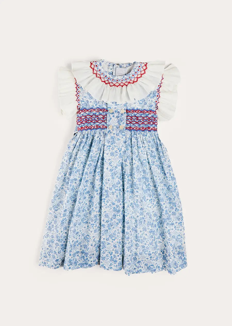 Charlotte Floral Hand Smocked Sleeveless Dress in Blue (12mths-10yrs) DRESSES from Pepa London
