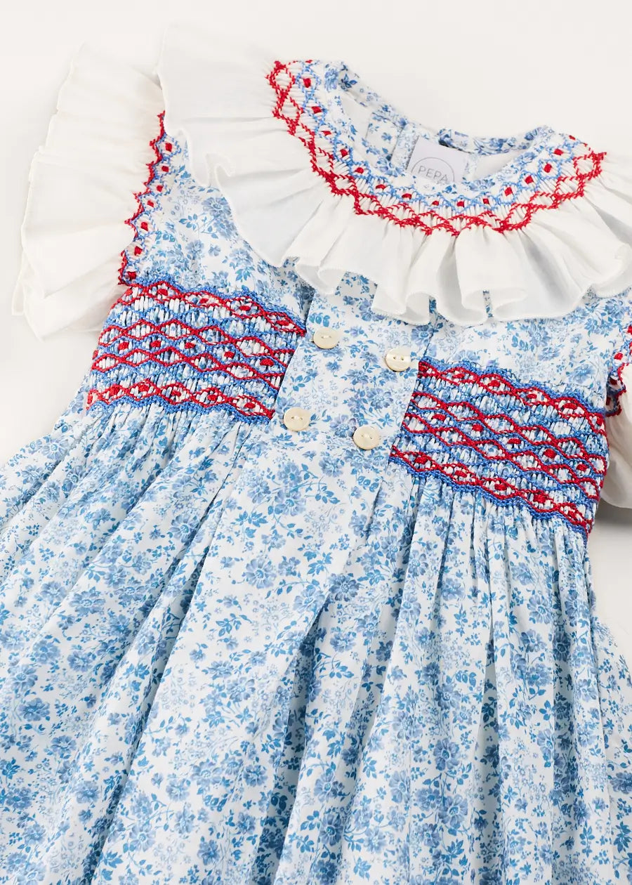 Charlotte Floral Hand Smocked Sleeveless Dress in Blue (12mths-10yrs) DRESSES from Pepa London