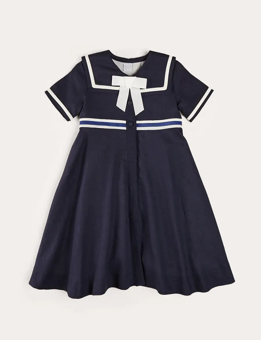 Mariner Collar Bow Detail Short Sleeve Dress in Navy (4-12yrs) DRESSES from Pepa London