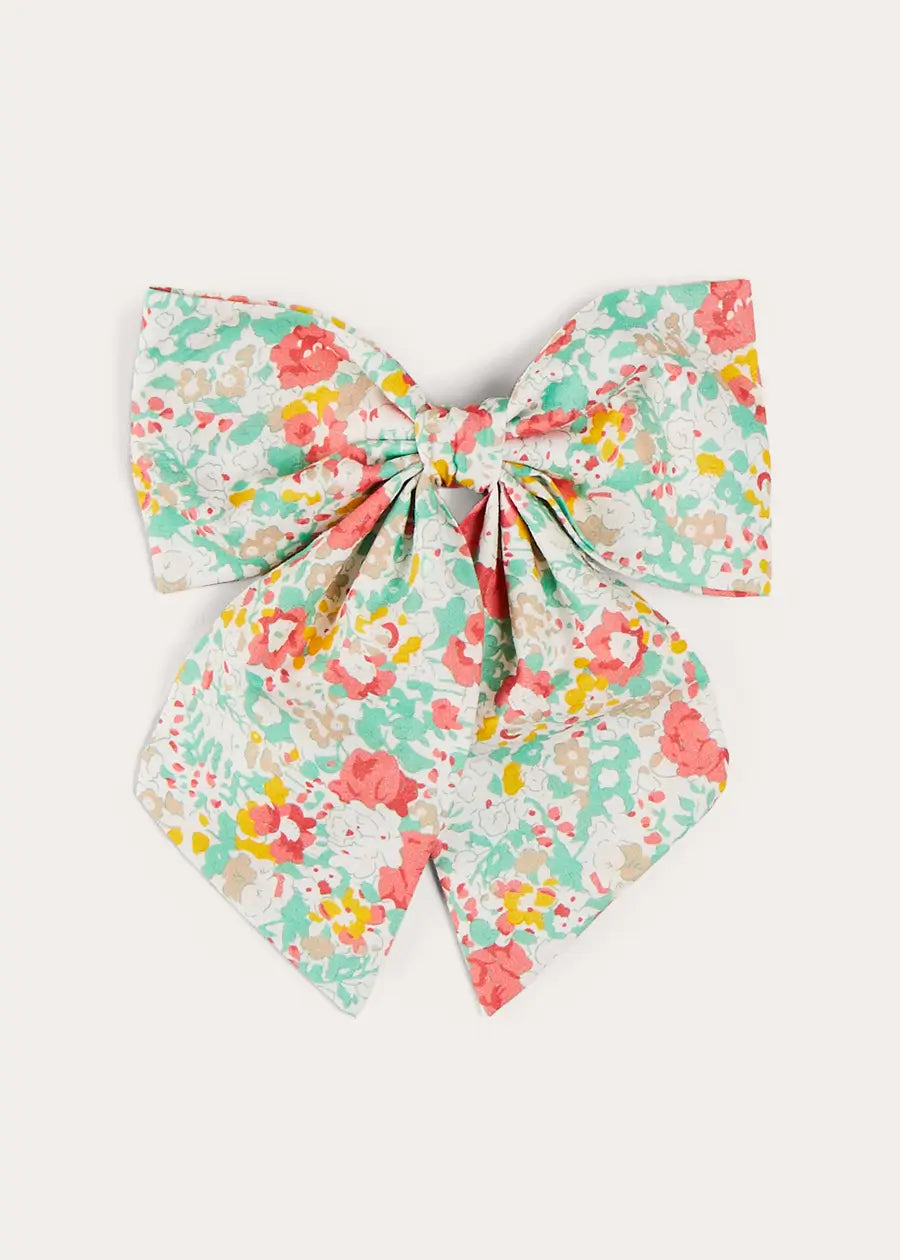 Clementine Floral Long Bow Hair Clip in Coral HAIR ACCESSORIES from Pepa London