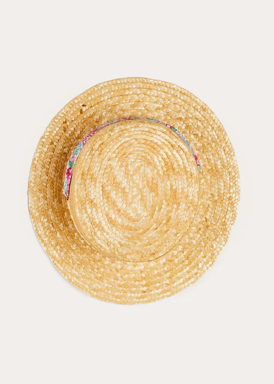 Viola Floral Bow Detail Boater Hat in Pink (S-M) ACCESSORIES from Pepa London