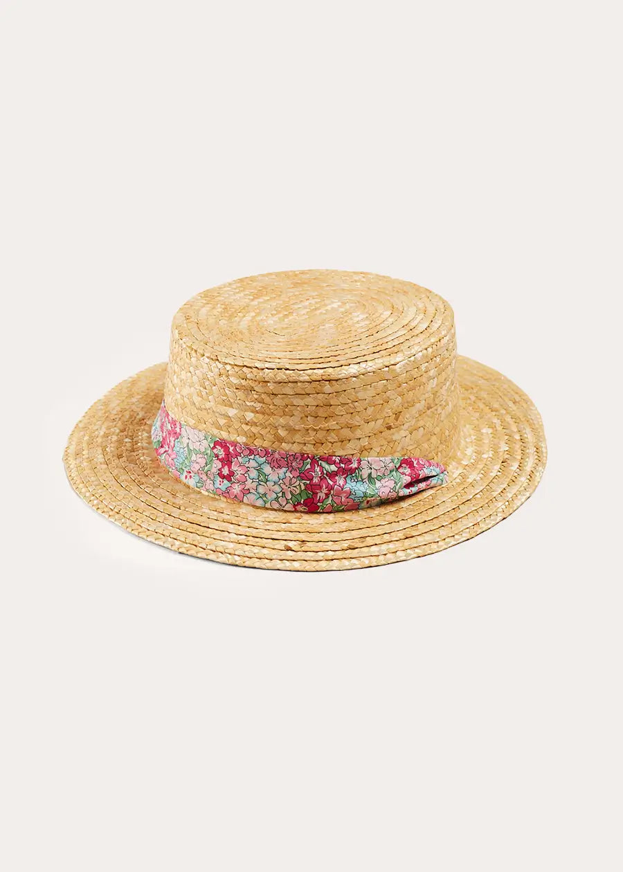 Viola Floral Bow Detail Boater Hat in Pink (S-M) ACCESSORIES from Pepa London