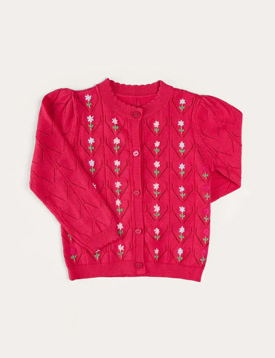 Floral Embroidered Openwork Cardigan in Pink (4-10yrs) KNITWEAR from Pepa London