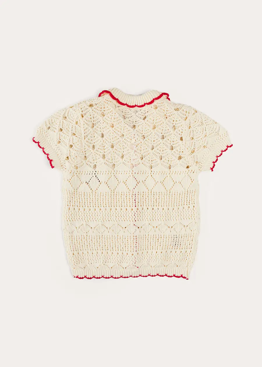 Crochet Cherry Detail Short Sleeve Cardigan in Beige (4-10yrs) KNITWEAR from Pepa London