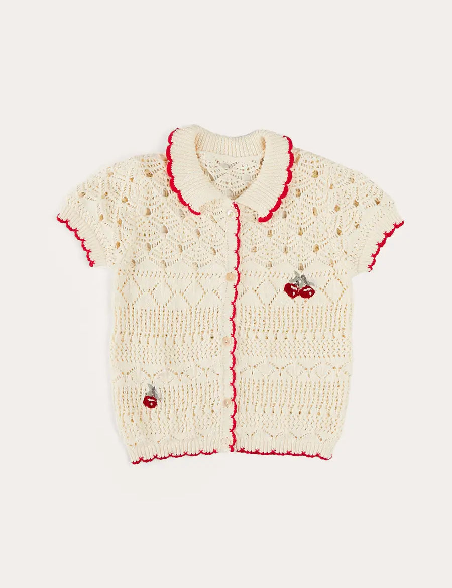 Crochet Cherry Detail Short Sleeve Cardigan in Beige (4-10yrs) KNITWEAR from Pepa London