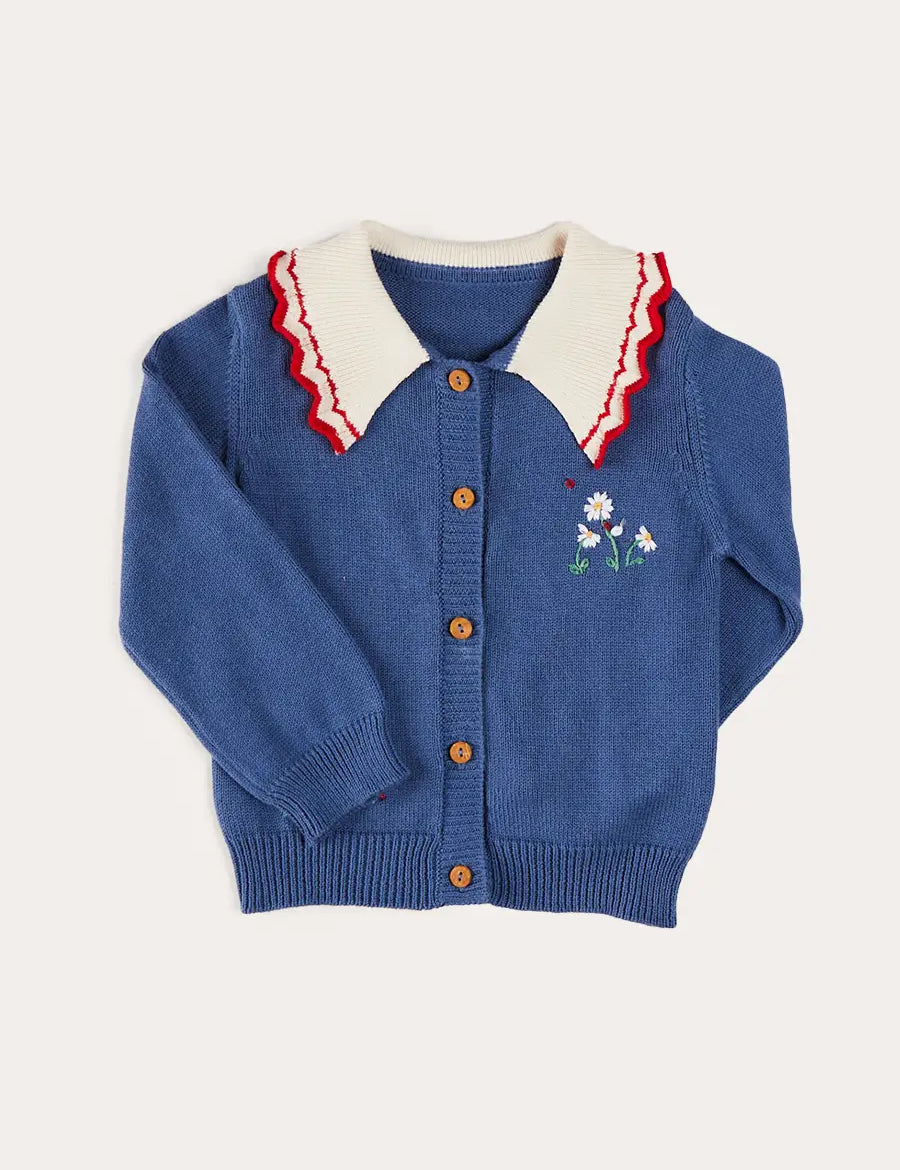 Statement Collar Floral Embroidery Cardigan in Navy (2-10yrs) KNITWEAR from Pepa London