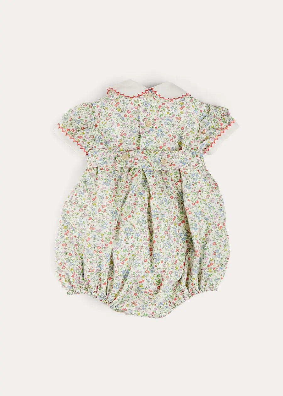Cordelia Floral Hand-Smocked Short Sleeve Romper in Pink Made with Liberty Fabric (3m-2yrs) ROMPERS from Pepa London
