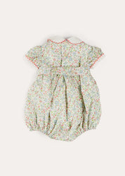 Cordelia Floral Hand-Smocked Short Sleeve Romper in Pink Made with Liberty Fabric (3m-2yrs) ROMPERS from Pepa London