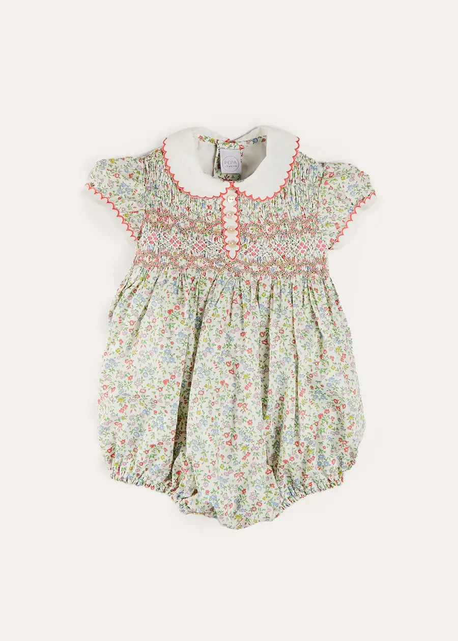 Cordelia Floral Hand-Smocked Short Sleeve Romper in Pink Made with Liberty Fabric (3m-2yrs) ROMPERS from Pepa London