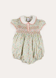 Cordelia Floral Hand-Smocked Short Sleeve Romper in Pink Made with Liberty Fabric (3m-2yrs) ROMPERS from Pepa London