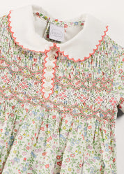 Cordelia Floral Hand-Smocked Short Sleeve Romper in Pink Made with Liberty Fabric (3m-2yrs) ROMPERS from Pepa London