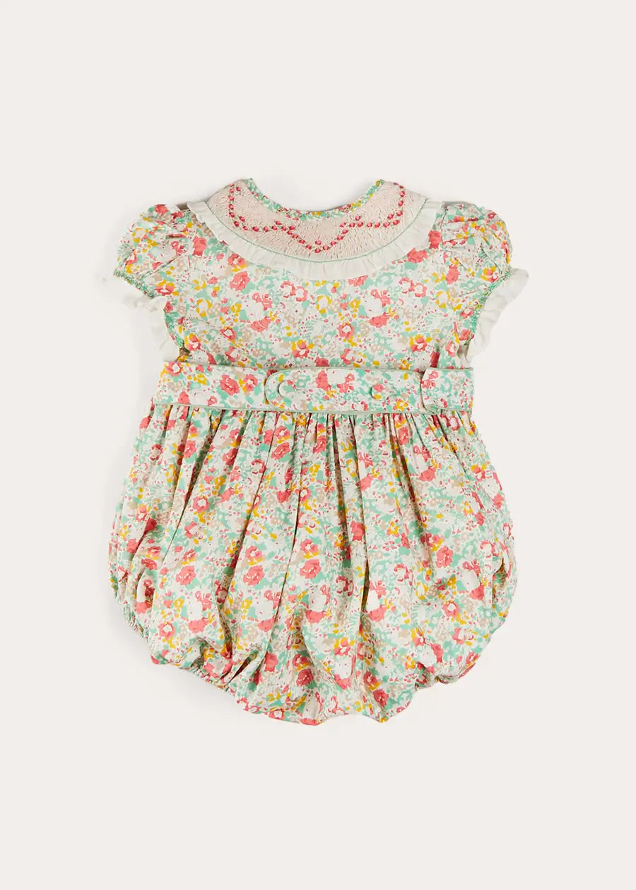 Clementine Floral Hand Smocked Double Breasted Short Sleeve Romper in Coral (6mths-3yrs) ROMPERS from Pepa London