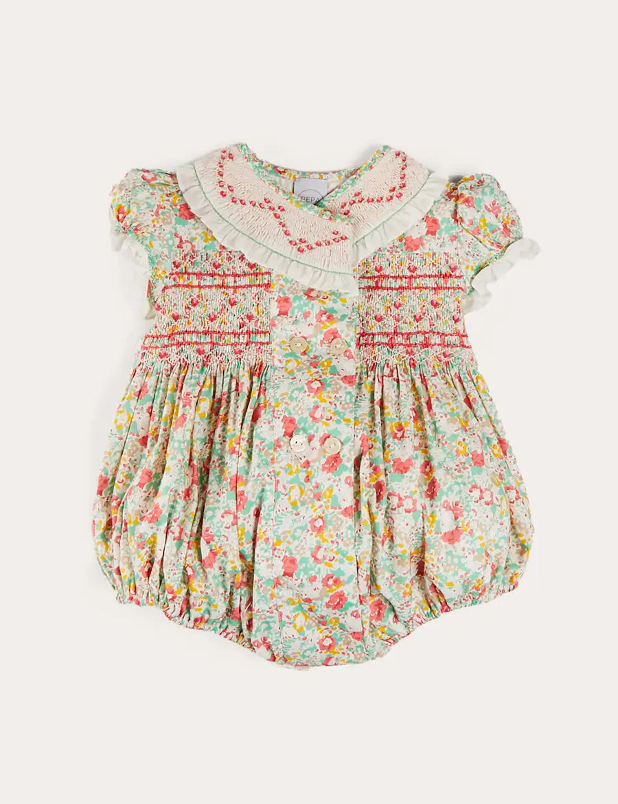 Clementine Floral Hand Smocked Double Breasted Short Sleeve Romper in Coral (6mths-3yrs) ROMPERS from Pepa London