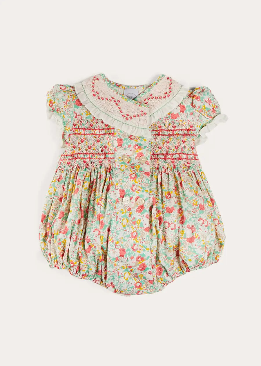 Clementine Floral Hand Smocked Double Breasted Short Sleeve Romper in Coral (6mths-3yrs) ROMPERS from Pepa London