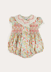 Clementine Floral Hand Smocked Double Breasted Short Sleeve Romper in Coral (6mths-3yrs) ROMPERS from Pepa London