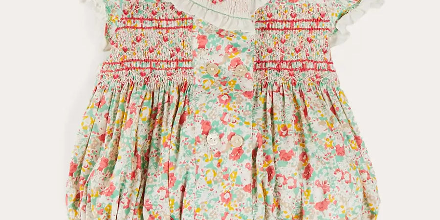 Clementine Floral Hand Smocked Double Breasted Short Sleeve Romper in Coral (6mths-3yrs) ROMPERS from Pepa London