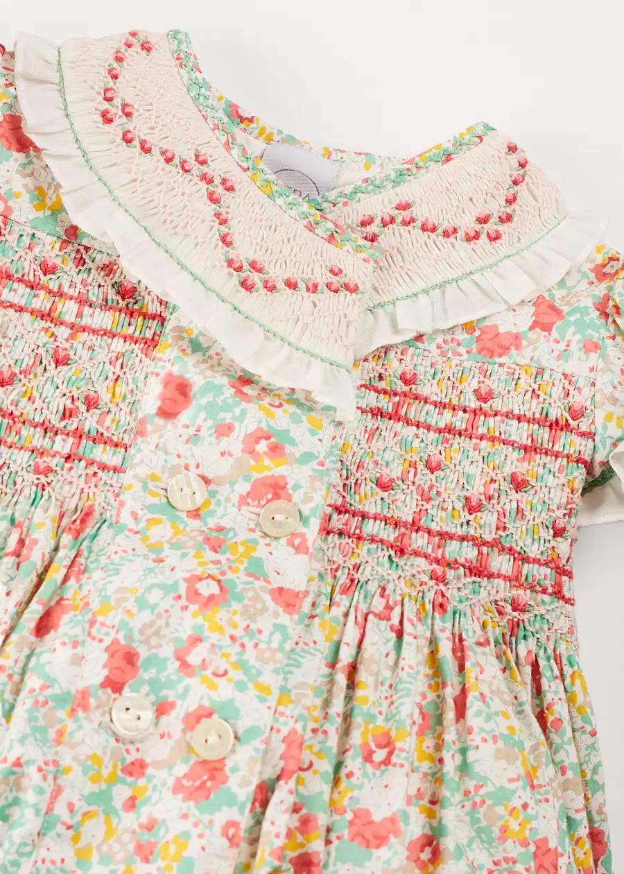 Clementine Floral Hand Smocked Double Breasted Short Sleeve Romper in Coral (6mths-3yrs) ROMPERS from Pepa London