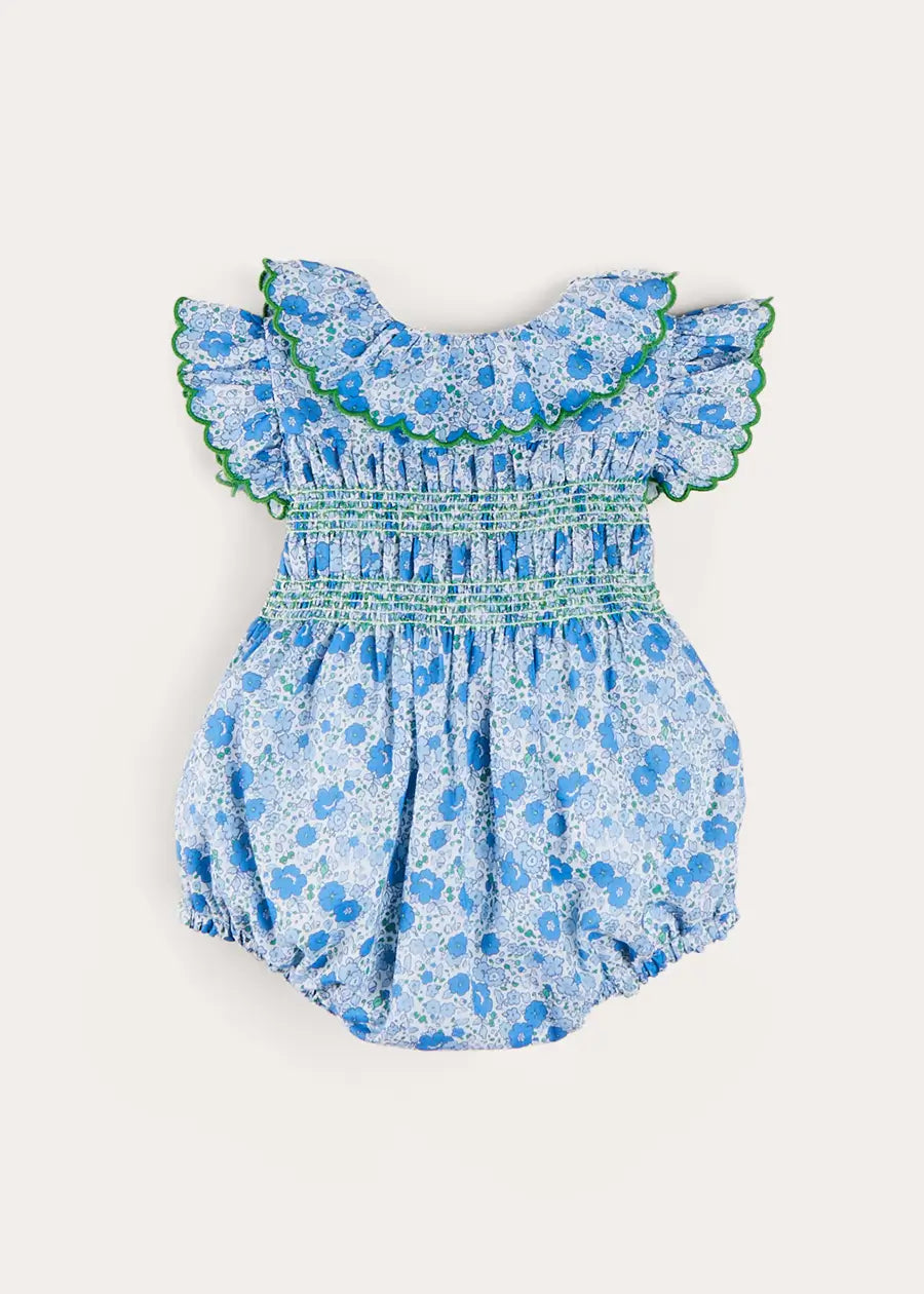 Olivia Floral Smocked Ruffle Collar Sleeveless Romper in Blue (6mths-2yrs) ROMPERS from Pepa London