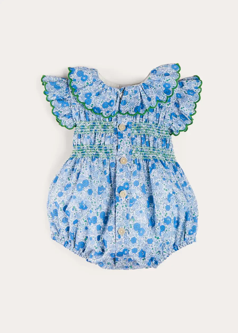 Olivia Floral Smocked Ruffle Collar Sleeveless Romper in Blue (6mths-2yrs) ROMPERS from Pepa London