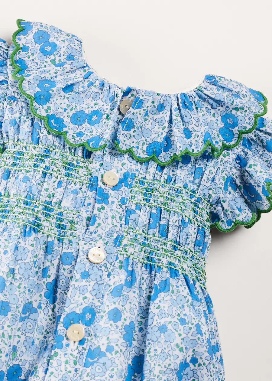 Olivia Floral Smocked Ruffle Collar Sleeveless Romper in Blue (6mths-2yrs) ROMPERS from Pepa London