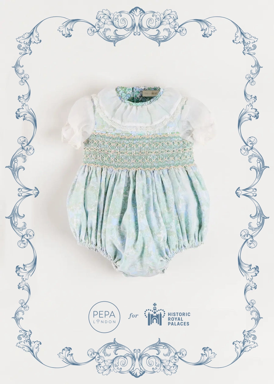The Regency Floral Organza Romper in Green (6mths-3yrs) Rompers from Pepa London