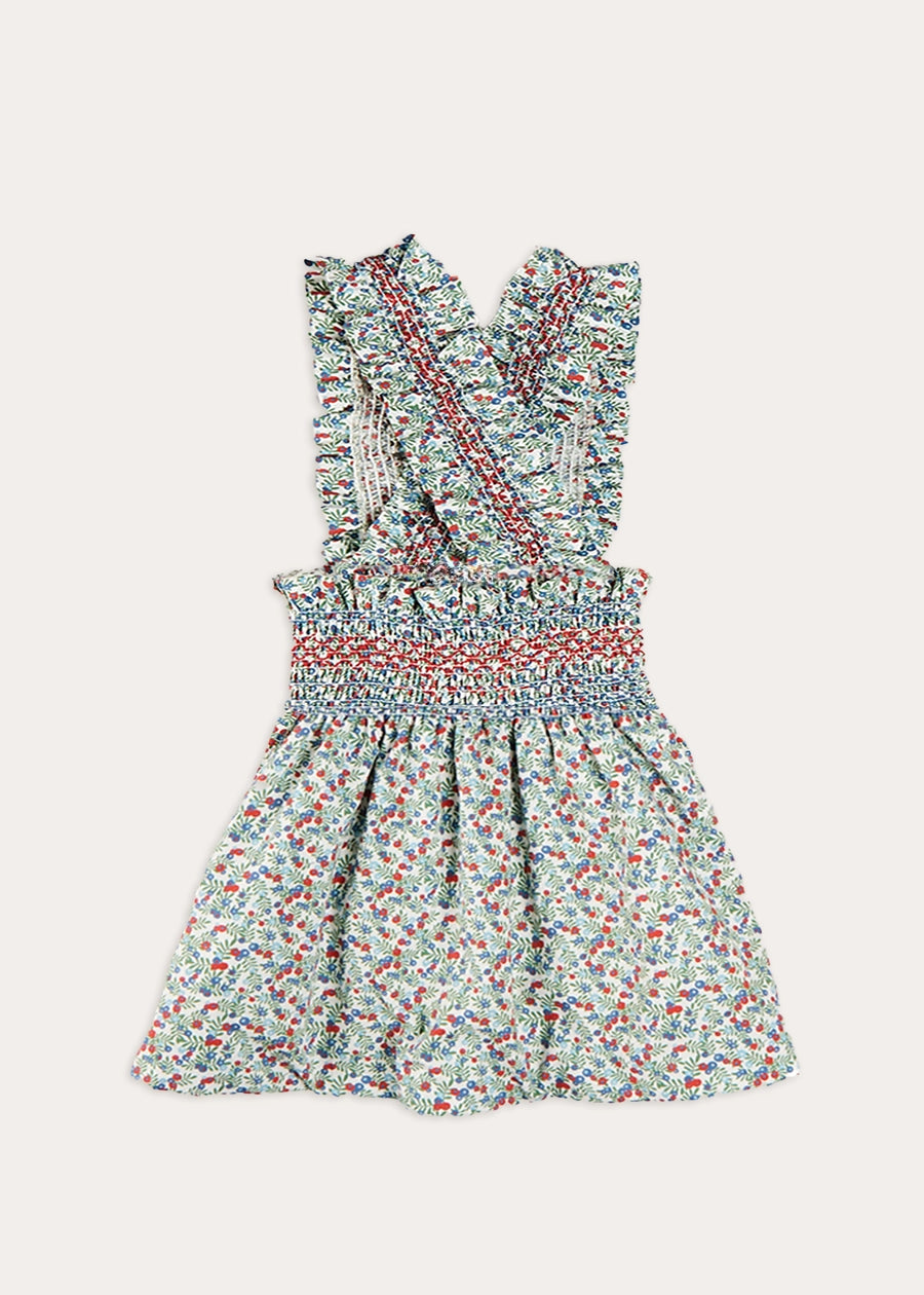 Evelyn Floral Smocked Detail Skirt With Braces in Red (18mths-6yrs) SKIRTS from Pepa London