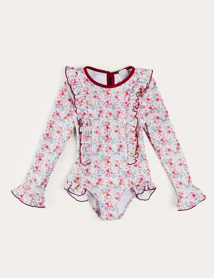 Louisa Floral Ruffle Trim Long Sleeve Swimsuit in Pink (2-10yrs) SWIMWEAR from Pepa London