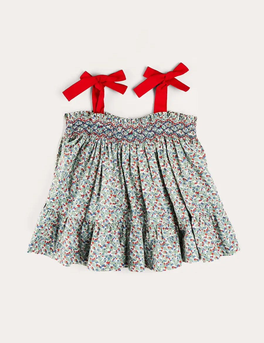 Evelyn Floral Smock Detail Tie Strap Blouse in Red (4-10yrs) BLOUSES from Pepa London