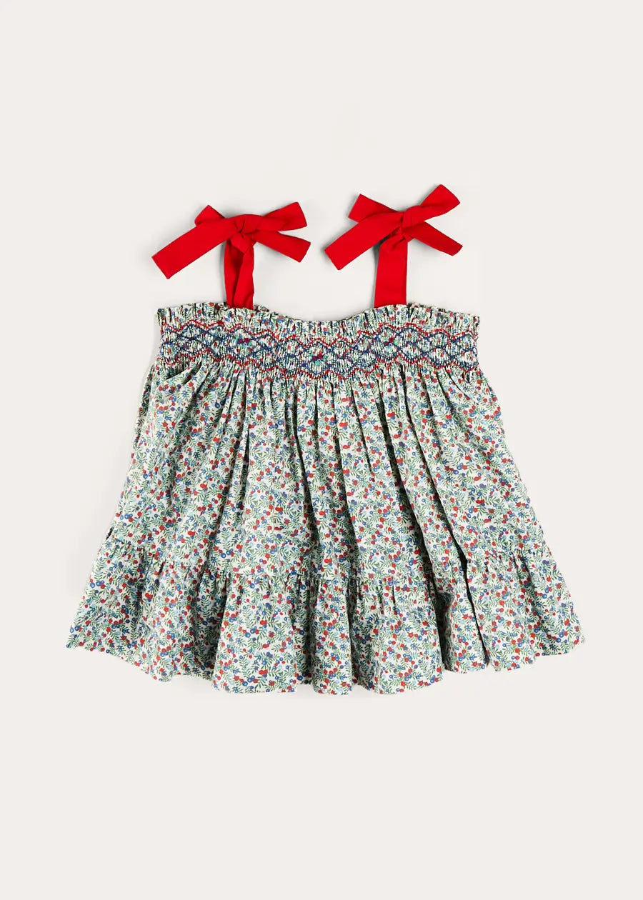 Evelyn Floral Smock Detail Tie Strap Blouse in Red (4-10yrs) BLOUSES from Pepa London