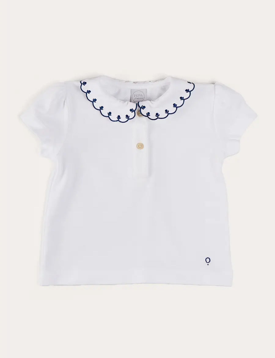 Embroidered Scallop Collar Short Sleeve Polo Shirt in Navy (2-10yrs) TOPS & BODYSUITS from Pepa London