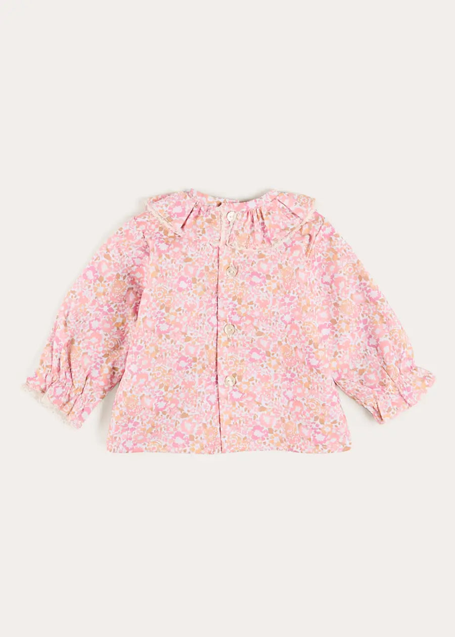 Nellie Floral Ruffle Collar Long Sleeve Blouse in Pink (1mth-12mths) Blouses from Pepa London