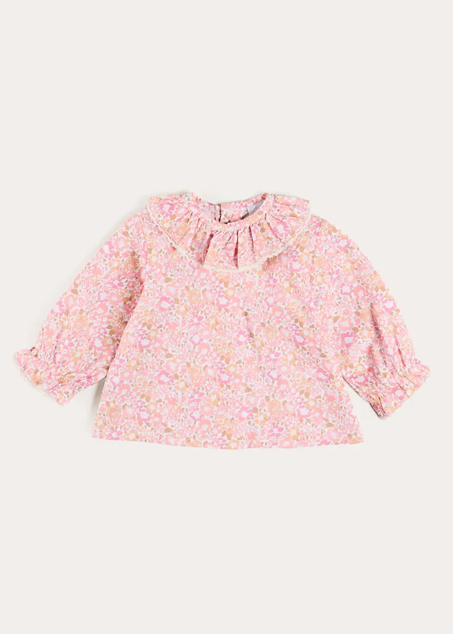 Nellie Floral Ruffle Collar Long Sleeve Blouse in Pink (1mth-12mths) Blouses from Pepa London