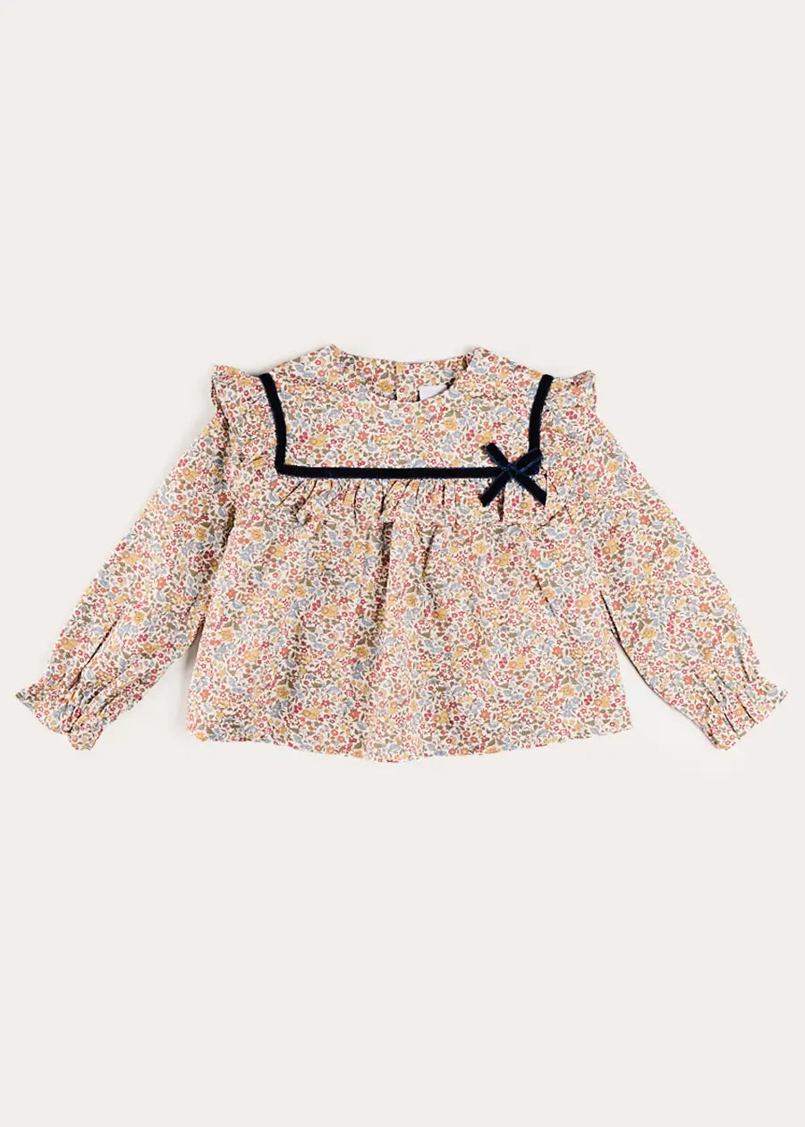 Marianne Floral Velvet Bow Detail Blouse in Toffee Made with Liberty Fabric (18mths-12yrs) Blouses from Pepa London