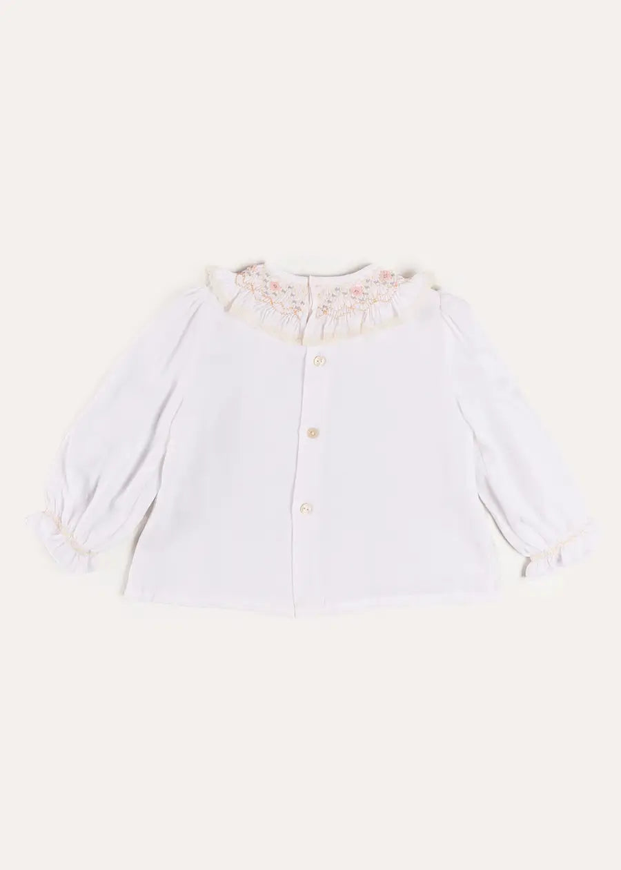 Floral Embroidered Ruffle Collar Lace Trim Blouse in White (2-10yrs) Blouses from Pepa London