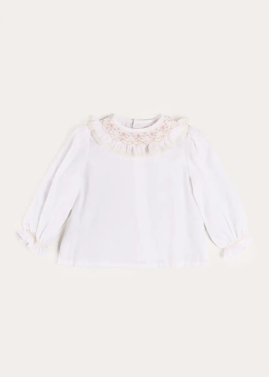 Floral Embroidered Ruffle Collar Lace Trim Blouse in White (2-10yrs) Blouses from Pepa London