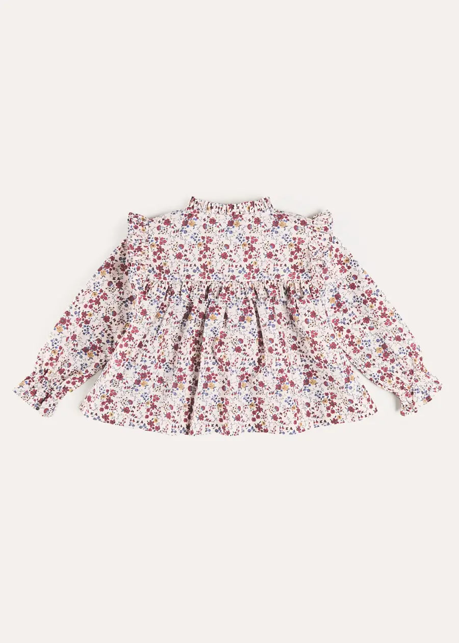 Louisa Floral Ruffle Trim Long Sleeve Blouse in Burgundy (4-10yrs) Blouses from Pepa London