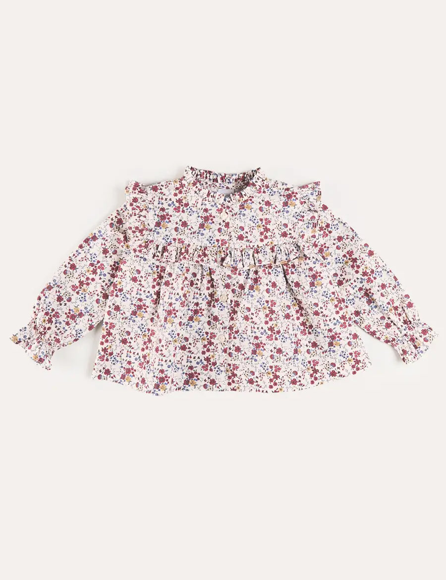 Louisa Floral Ruffle Trim Long Sleeve Blouse in Burgundy (4-10yrs) Blouses from Pepa London