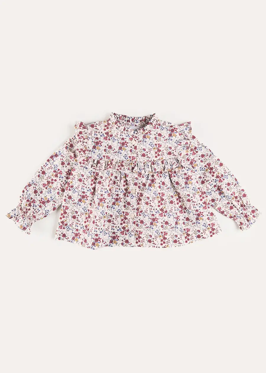 Louisa Floral Ruffle Trim Long Sleeve Blouse in Burgundy (4-10yrs) Blouses from Pepa London