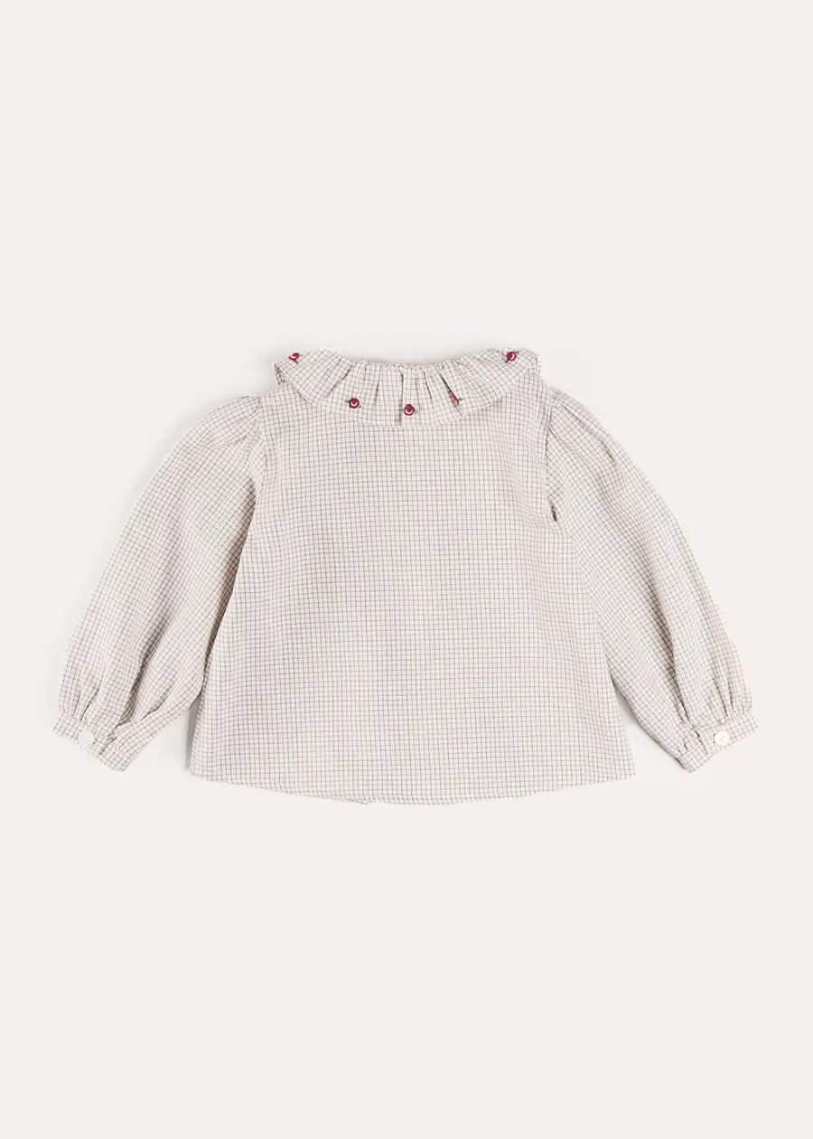 Ambrose Check Floral Embroidered Long Sleeve Blouse in Cream (4-10yrs) Blouses from Pepa London