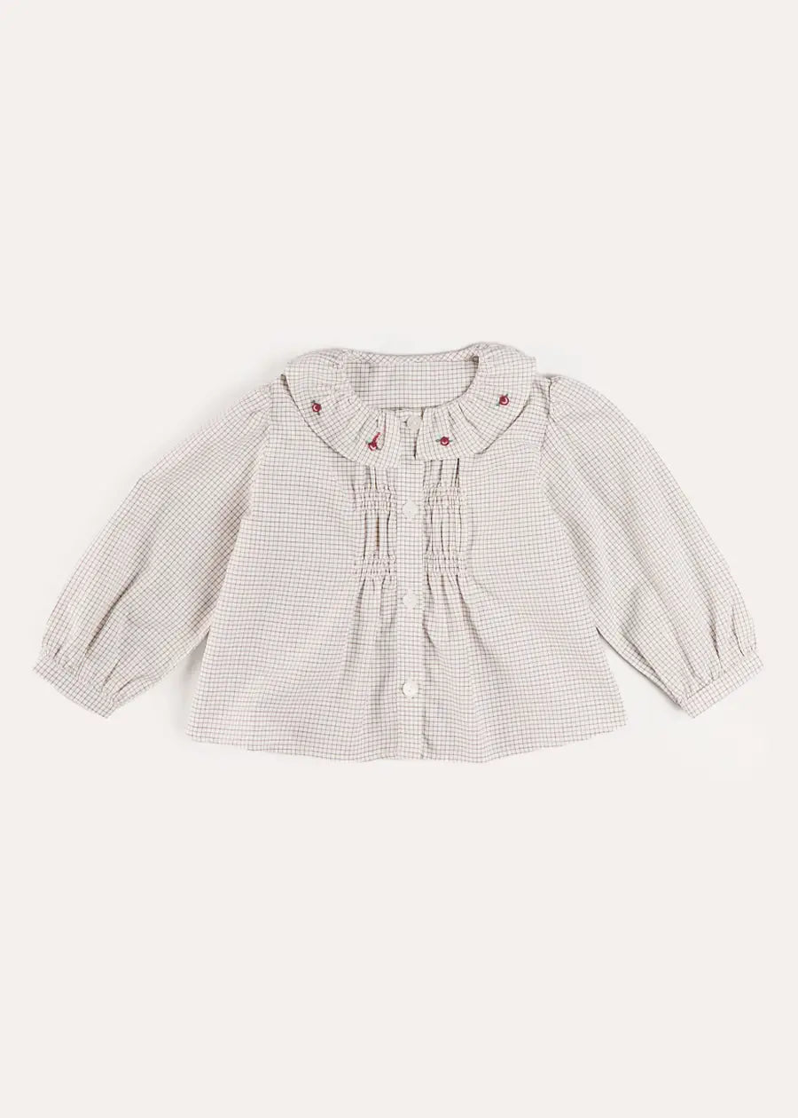 Ambrose Check Floral Embroidered Long Sleeve Blouse in Cream (4-10yrs) Blouses from Pepa London