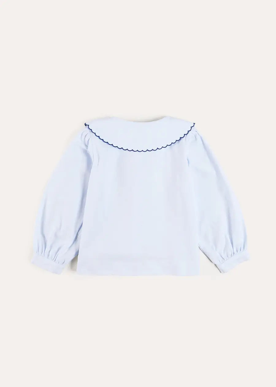 Floral Embroidered Collar Oxford Blouse in Blue (3-12yrs) Blouses from Pepa London