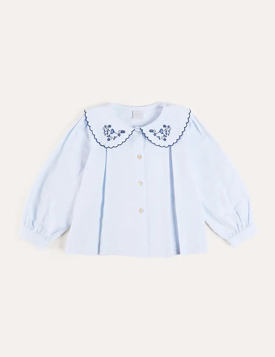 Floral Embroidered Collar Oxford Blouse in Blue (3-12yrs) Blouses from Pepa London