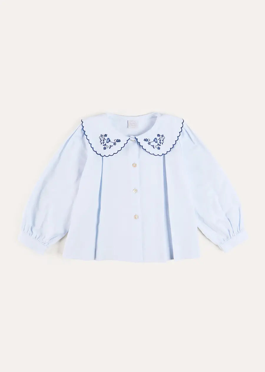 Floral Embroidered Collar Oxford Blouse in Blue (3-12yrs) Blouses from Pepa London