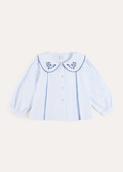 Floral Embroidered Collar Oxford Blouse in Blue (3-12yrs) Blouses from Pepa London