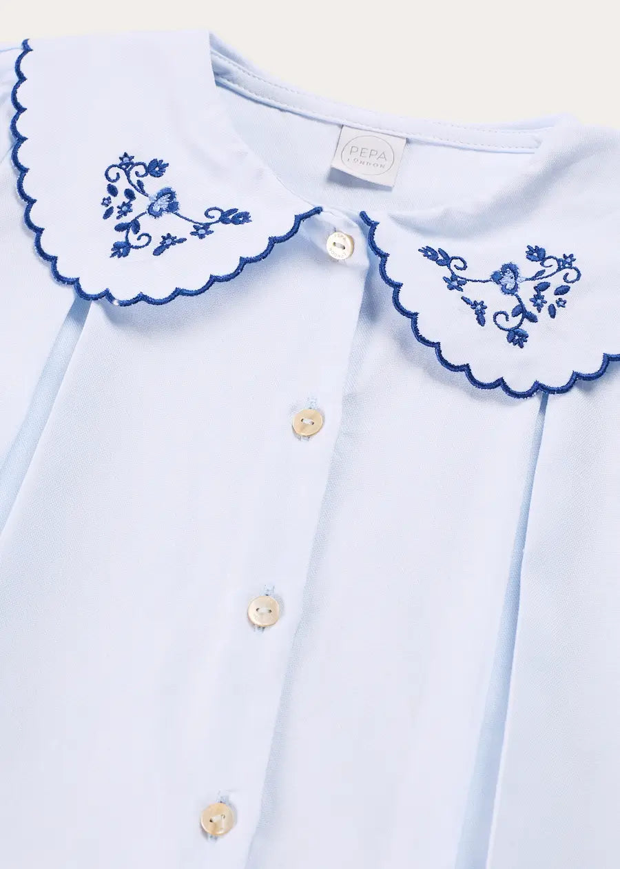 Floral Embroidered Collar Oxford Blouse in Blue (3-12yrs) Blouses from Pepa London