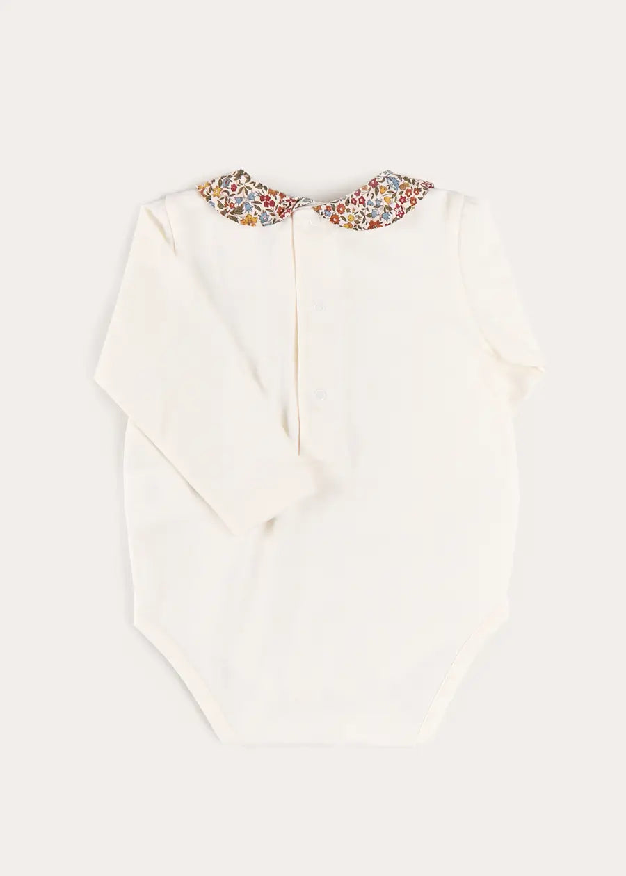 Marianne Floral Collar Long Sleeve Bodysuit in Toffee Made with Liberty Fabric (1mth-3yrs) Tops & Bodysuits from Pepa London